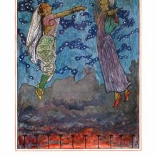 A woman and a man are floating in the air, rising above the clouds darkening the fiery sunset