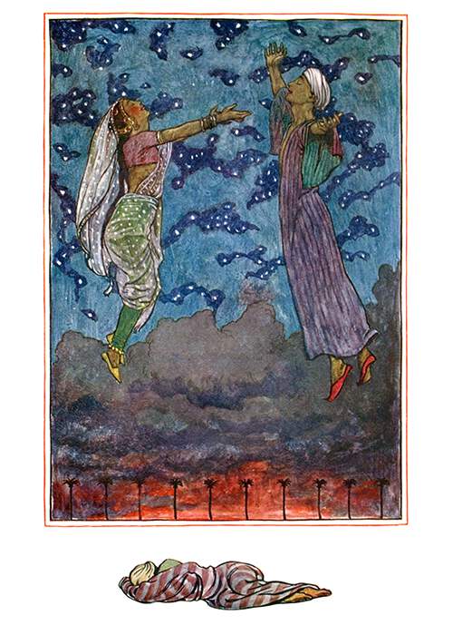 A woman and a man are floating in the air, rising above the clouds darkening the fiery sunset
