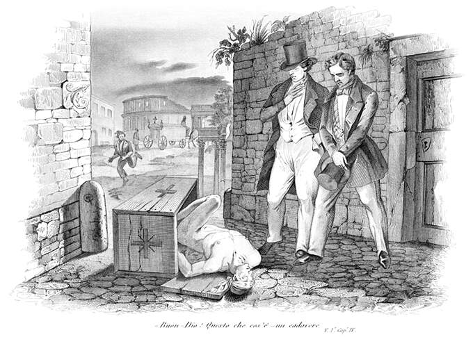 Two men standing in a street stare down at a naked dead body released from a fallen coffin