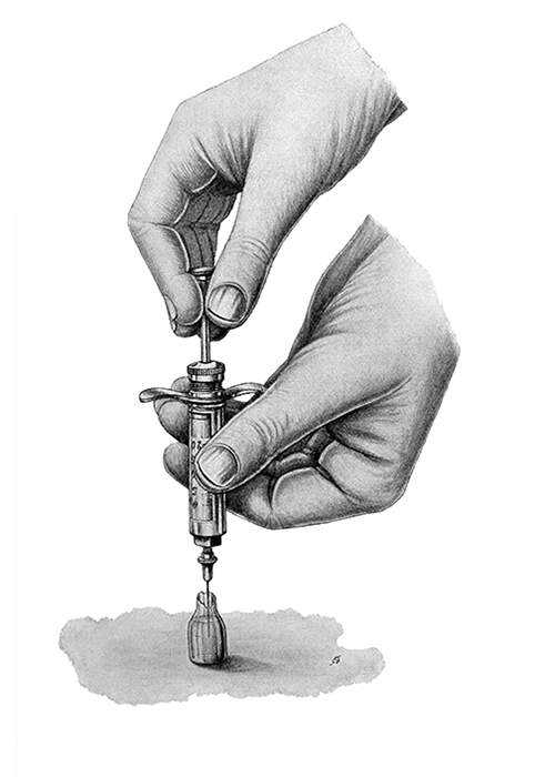 The hands of an invisible practitioner are seen filling a syringe from a vial