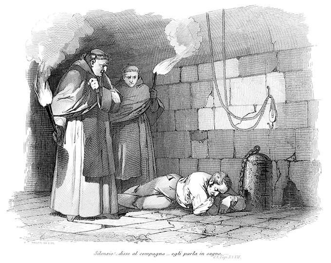 A prisoner chained to a post lies asleep on a cell floor, watched by two monks carrying torches