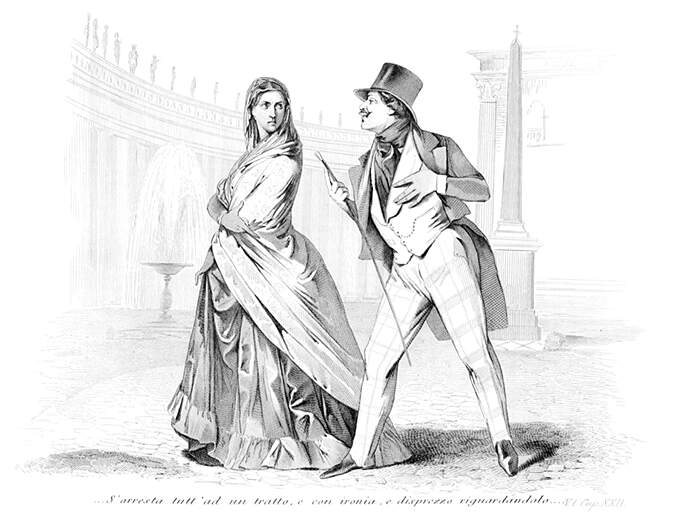 A dapper and complacent-looking man tries to get the attention of a woman who looks at him scornfully