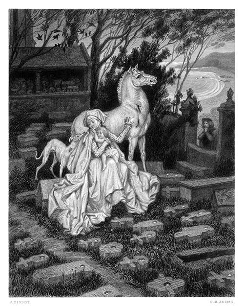 A woman is sitting in a graveyard with a child in her lap, stroking a wounded horse behind her