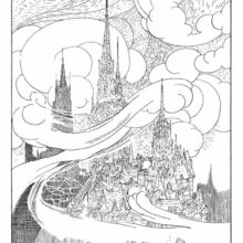 View of the pyramidal skyline of an old city, showing spires piercing through turbulent clouds