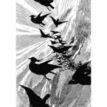 A scattering flock of lapwings is silhouetted against a radiant early morning sky