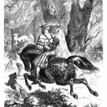 A Renaissance era hunter rides on horseback, away from the viewer, in the pursuit of a white deer