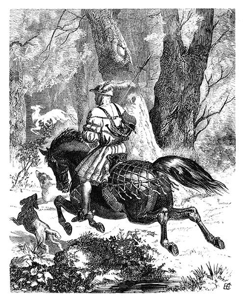 A Renaissance era hunter rides on horseback, away from the viewer, in the pursuit of a white deer