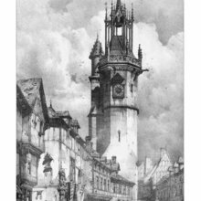 View of a busy street showing half-timbered houses with oriel windows and the Évreux clock tower
