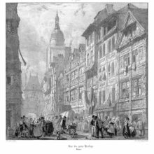Busy street with half-timbered houses and the Rouen Gros-Horloge and the belfry in the background