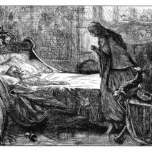 A woman is tiptoeing toward an old man sleeping in his bed with a key around his neck