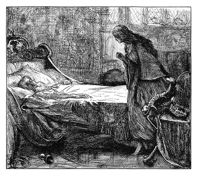 A woman is tiptoeing toward an old man sleeping in his bed with a key around his neck