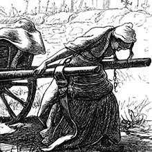 A woman pulls a cart filled with corpses along the cemetery wall, bending under the toil