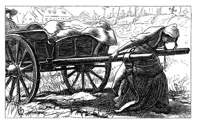 A woman pulls a cart filled with corpses along the cemetery wall, bending under the toil