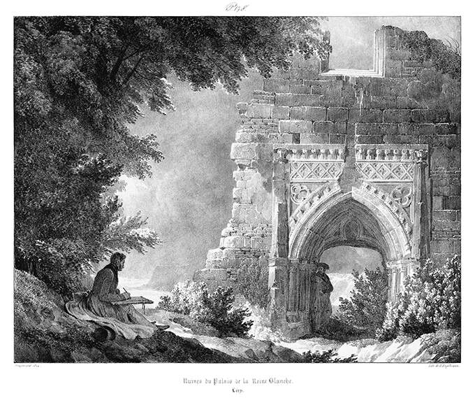 an artist sitting beneath a tree draws a medieval archway with a man standing in the shadow