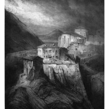 Atmospheric view of a town on a rocky spur, showing the eastern gate, the walls, and the church