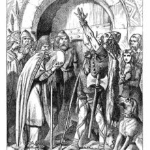 A Celtic warrior raises his arm to take an oath as an older man cries with his head in his hands