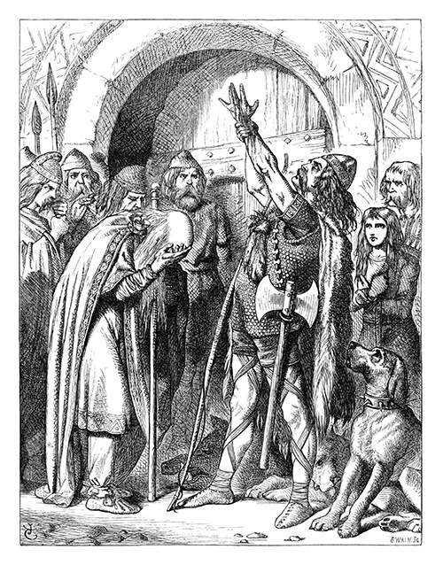 A Celtic warrior raises his arm to take an oath as an older man cries with his head in his hands