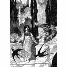 A child stands leaning against a stone sparapet in a luxuriant park as two swallows sweep by
