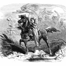 A woman rides on horseback in the moonlight, cowed by the company of ghosts following her