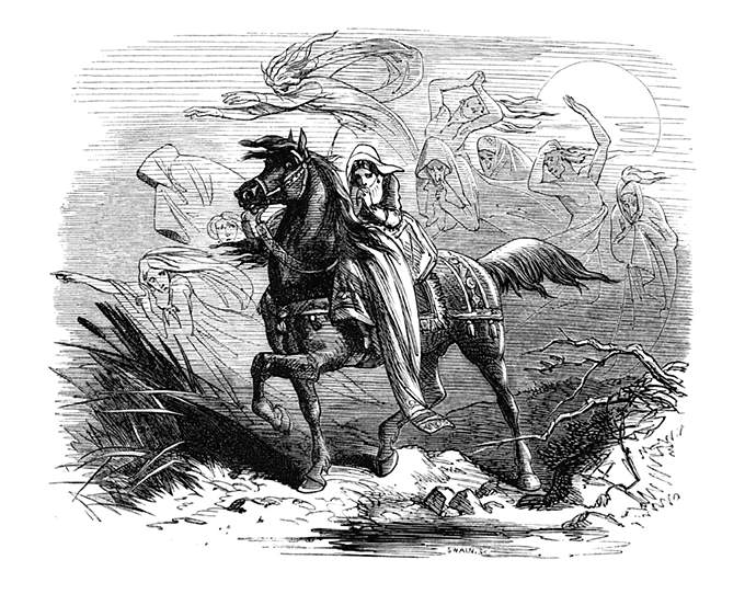 A woman rides on horseback in the moonlight, cowed by the company of ghosts following her
