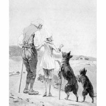 Pinocchio stands on the beach with his father and turns his back to his former companions, the Fox and the Cat