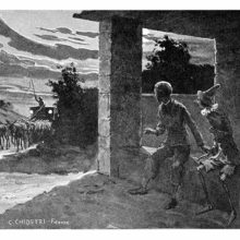 Pinocchio and Candlewick are waiting for a coach pulled by a team of donkeys, which can be seen coming in the distance