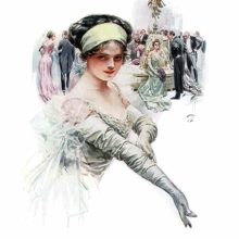 A young woman smiles while adjusting her gloves as a social event takes place in the background