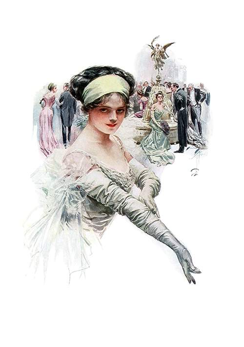 A young woman smiles while adjusting her gloves as a social event takes place in the background