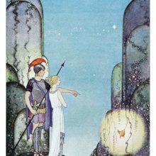 Jason, with Medea his side, points his finger toward the Golden Fleece glowing in the distance