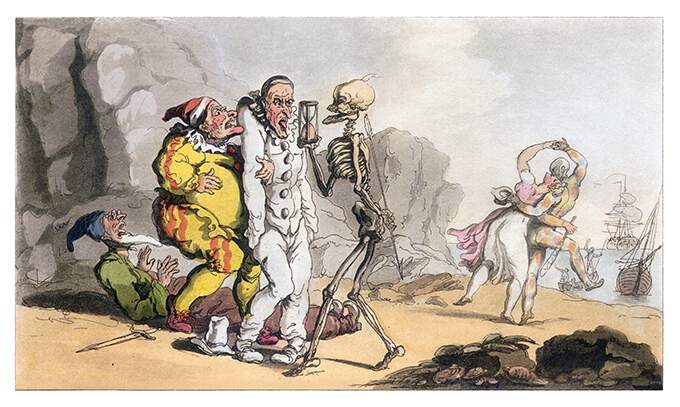 Death holds an hourglass in front of a horror-struck Pierrot, interrupting his tomfoolery