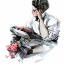 A young woman reads leaning on her hand at a desk cluttered with books across which two roses lie
