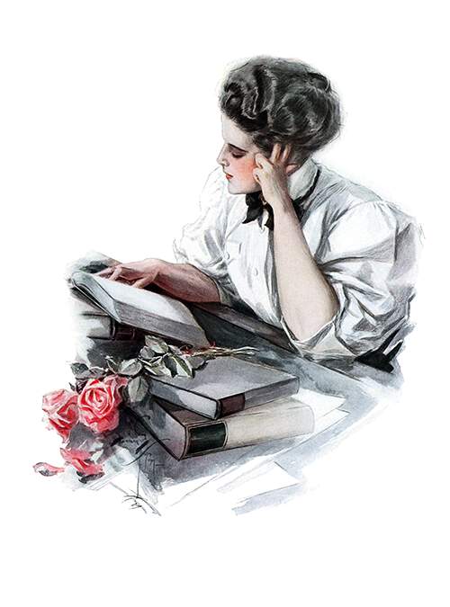A young woman reads leaning on her hand at a desk cluttered with books across which two roses lie