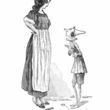 Pinocchio is seen from the side addressing the Blue-Haired Fairy who stands looking down at him with her arms akimbo