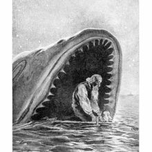 Pinocchio and his father escape to the sea through the wide open mouth of the sleeping Dogfish