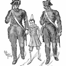 A contrite Pinocchio is seen walking between two stern and imposing policemen