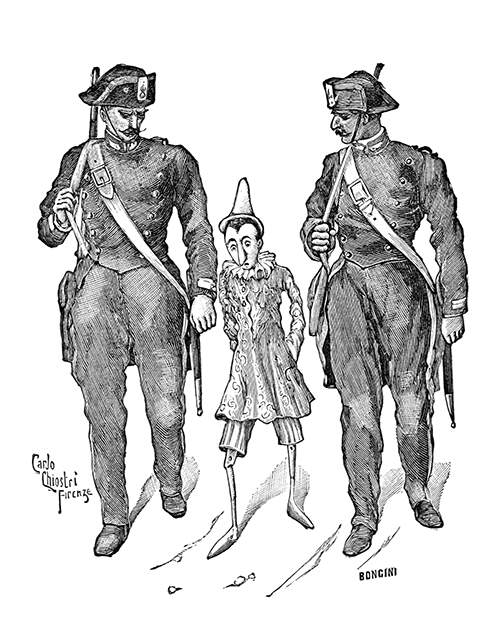 A contrite Pinocchio is seen walking between two stern and imposing policemen