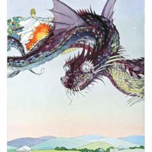 A woman rides a fiery winged serpent flying over classical buildings set in a hilly landscape