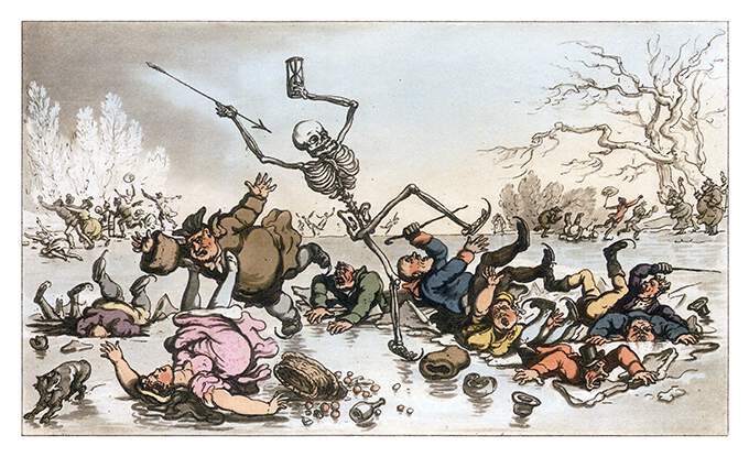 Death skates on a lake, struggling to keep his balance as people around him fall through the ice