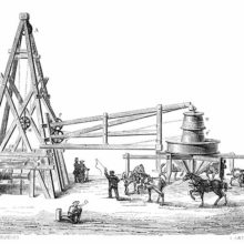 View of the timbered windlass and horse engine used for the boring of the Grenelle artesian well