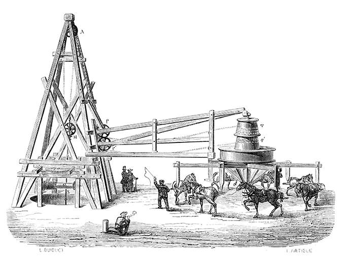 View of the timbered windlass and horse engine used for the boring of the Grenelle artesian well