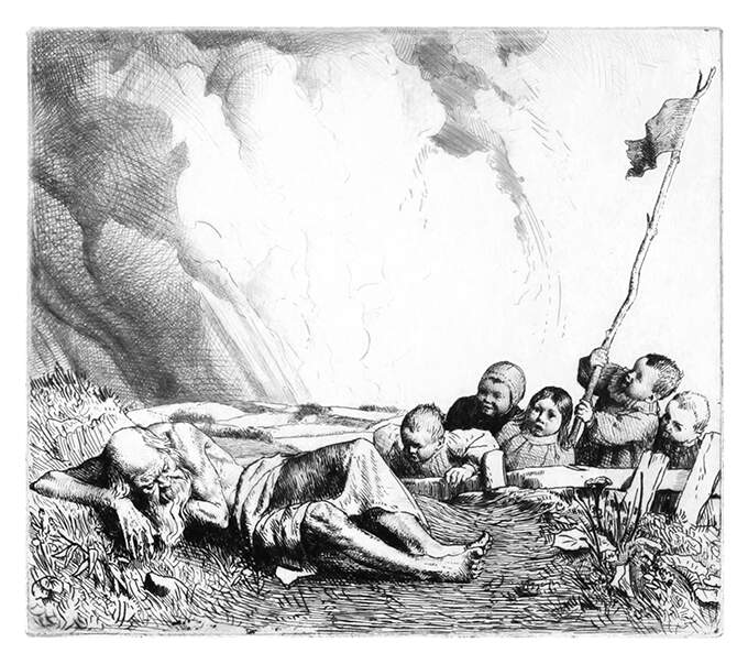 An older man is sleeping on the ground on top of a height as he is joined by a group of children.