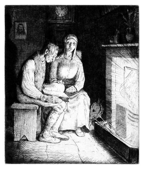 A man is sitting in front of a fireplace, reading from a book as his wife sits on a chair beside him