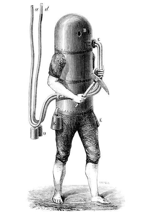 Diver equipped with the diving machine designed by Karl Heinrich Klingert in 1797