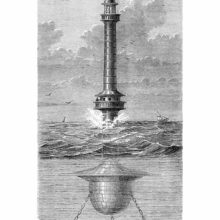 View of the floating lighthouse placed at the entrance of the port of Liverpool in 1869