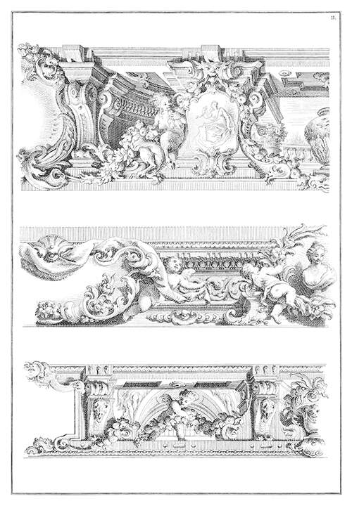 Plate of ornaments showing three models of Rococo friezes with putti and satyrs, foliage, etc.