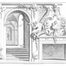 Design for Rococo interior showing a fireplace with statues, an arched door, and foliage ornaments