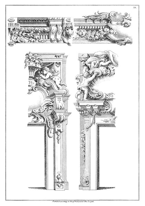 Plate showing designs for two Rococo doors and friezes decorated with putti, scrolls, etc.