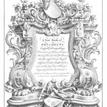 Rococo cartouche displaying the attributes of art and architecture among lush foliage scrolls