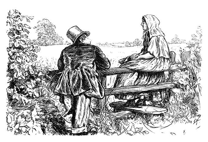 A man and a young country woman are talking together by a fence, facing the open countryside.