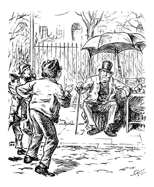 A disgruntled older apple seller is being pestered by a group of street urchins.